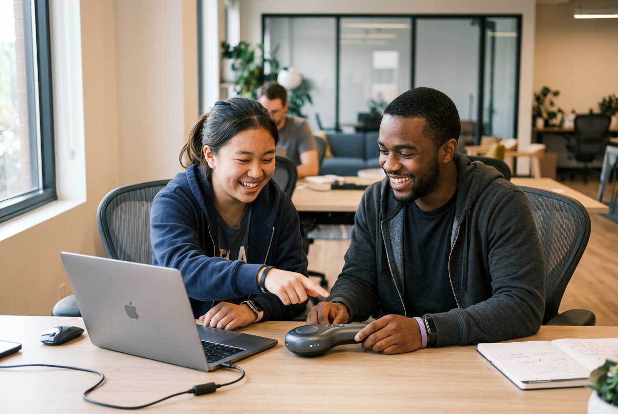 Two young founders reviewing their product prototype together over a laptop